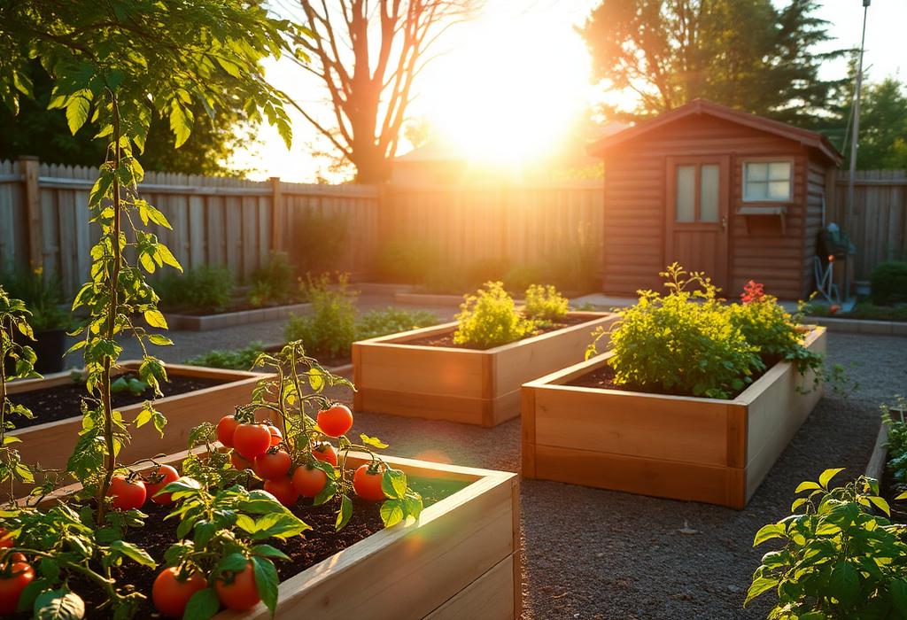 Backyard vegetable garden with three cedar raised beds at golden hour