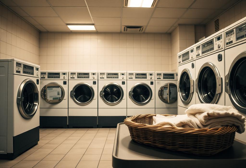 Row of commercial front-loading washing machines inside a clean, well-lit coin laundry