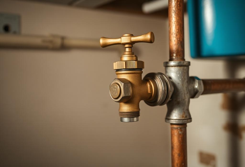 Brass quarter-turn water shutoff valve on a copper pipe in the basement